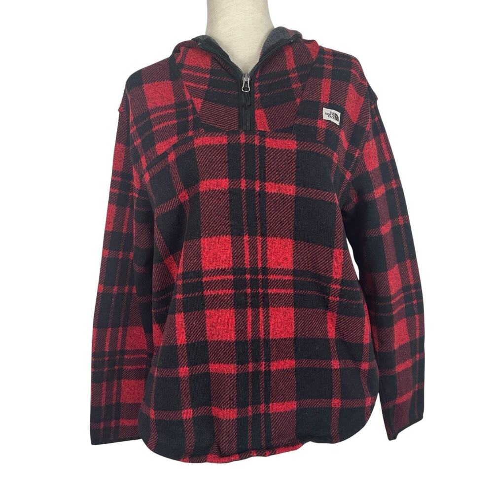 The North Face Pullover Hoodie Women Medium Red Black Plaid 1/4 Zip Fleece Cabin